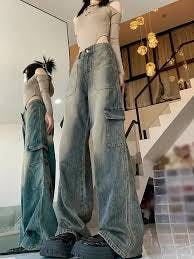 Flap Pockets Washed Baggy Jeans, Loose Fit Y2K Style Wide Legs Jeans, Women's Denim Jeans & Clothing