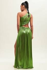 One Shoulder Pleated Gown Maxi Dress (Moss) Small / Moss