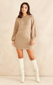 Knitted Dress Balloon Sleeves Beige - L - SilkFred