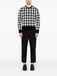 THOM BROWNE Men Pullover W/ Houndstooth Quilted Jacquard in Merino Wool 980 BLK/WHT / 4
