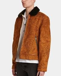 Menace Laser Engraved Sherpa Suede Jacket in Brown, Men's (Size Large)