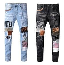 Men's Embroidery Patchwork Stretch Ripped Leopard Print Skinny Fit