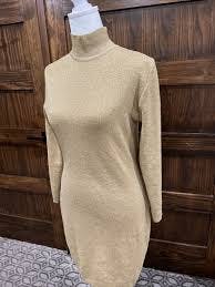 Vintage Gold Dress Medium Petites Shimmer Long Sleeve Sweater Zipper Merino Wool