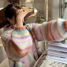 Colorblock Stripe Rainbow Knit Cardigan Sweater Pink-One Size | Modakawa