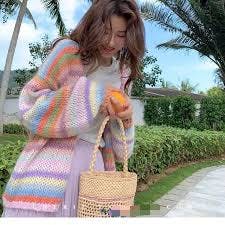 Chic V-Neck Rainbow Color Striped Corcheted Mohair Sweater Coat Loose Autumn Jacket Cashmere Soft Knitted Cardigan Knitwear Tops