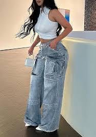 Vaceky Women's Cargo Jeans Y2K Grunge Aesthetics Straight Leg Baggy Denim Pants with Pockets