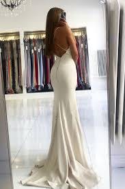 Simple v neck Ivory satin mermaid long prom dress
