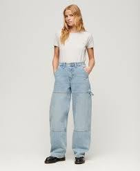 Superdry Women's Mid Rise Denim Carpenter Jeans Light Blue Size: 28/30